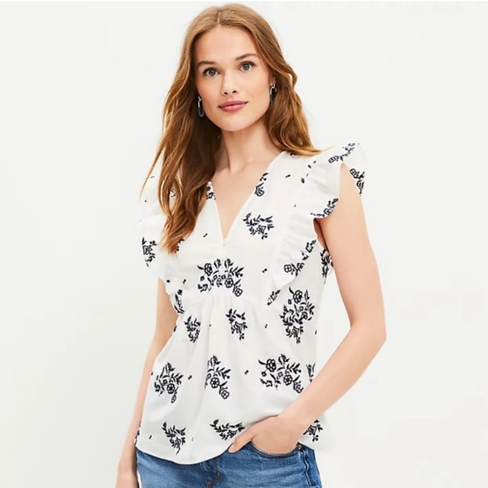 Loft Floral Embroidered Eyelet Ruffle Peplum Top. Size M